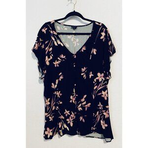 torrid Black V-Neck Button-Front Floral Top with Blush Pink Print